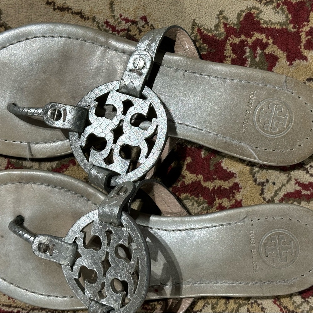 Tory Burch Metallic Silver Logo Thong Sandals